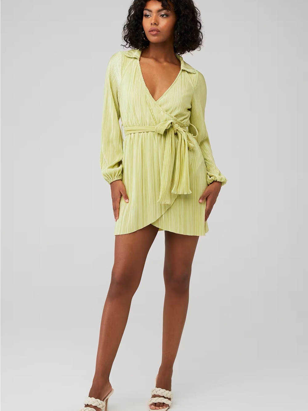 PepperMayo Pleated Wrap-Front Women’s Dress in Light Green